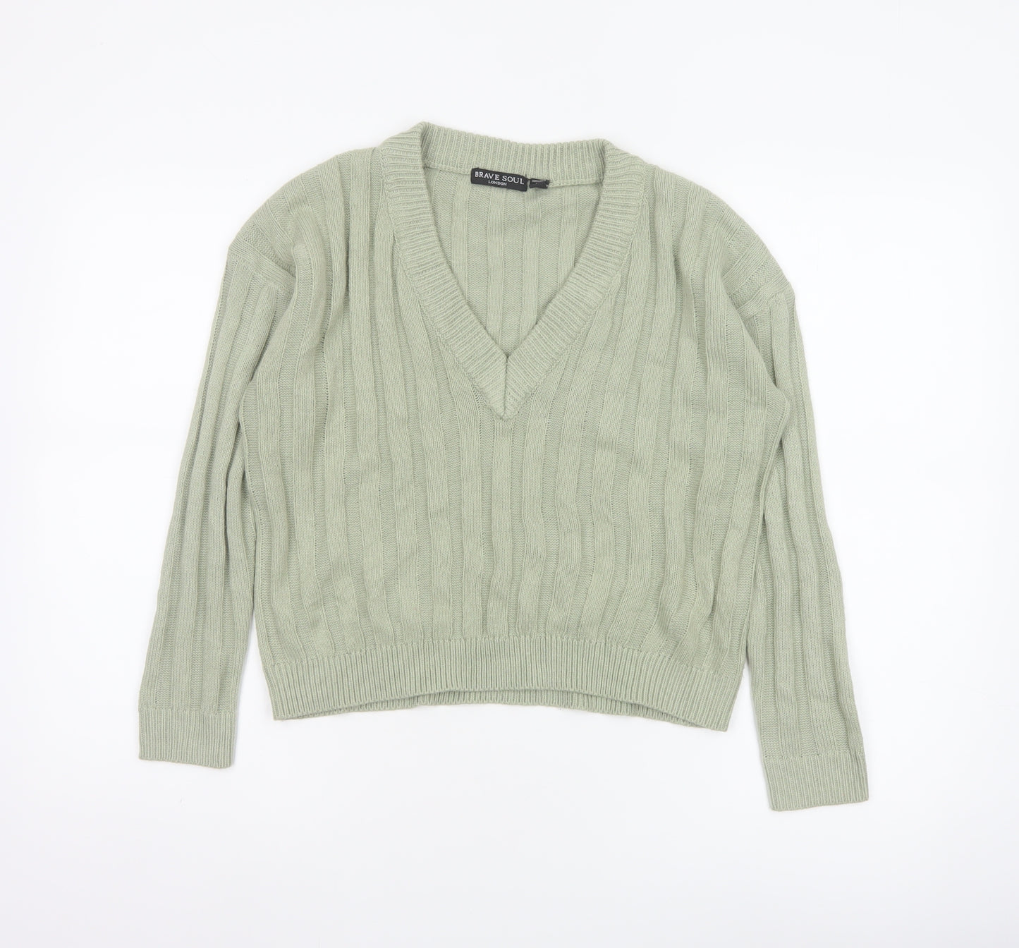 Brave Soul Women Green Size 8 V-Neck Cable Knit Pullover Jumper