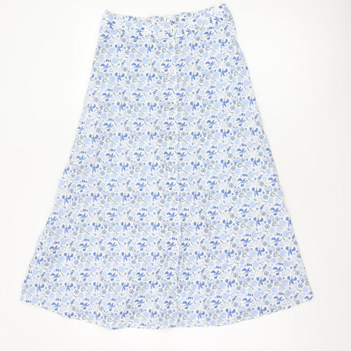 M&S Women Blue Floral Cotton A-Line Midi Skirt Size 8