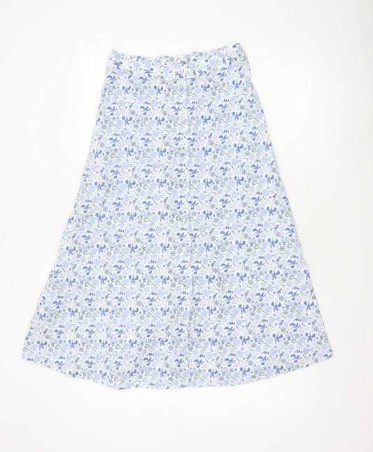 M&S Women Blue Floral Cotton A-Line Midi Skirt Size 8