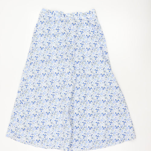 M&S Women Blue Floral Cotton A-Line Midi Skirt Size 8
