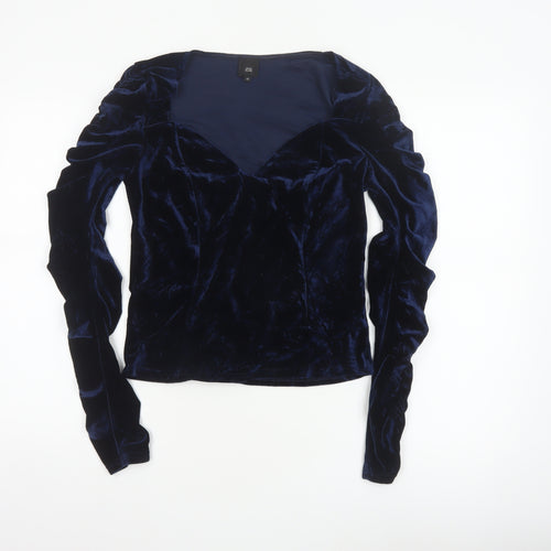 River Island Women Blue Velvet V-Neck Cropped Blouse Size 10