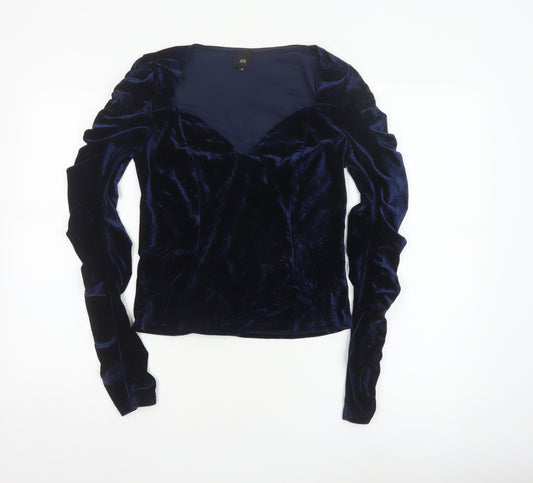 River Island Women Blue Velvet V-Neck Cropped Blouse Size 10
