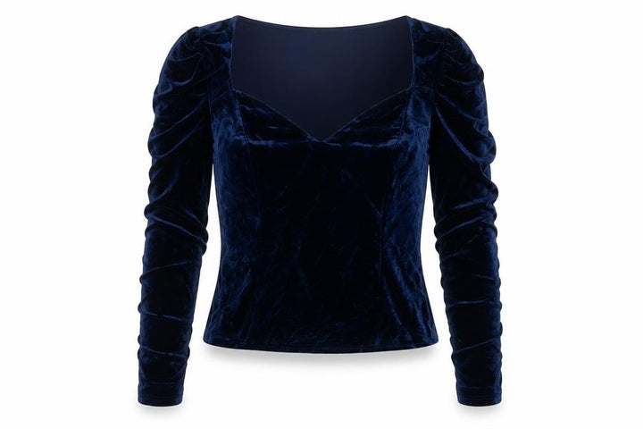 River Island Women Blue Velvet V-Neck Cropped Blouse Size 10