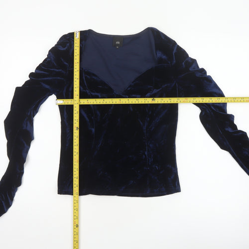 River Island Women Blue Velvet V-Neck Cropped Blouse Size 10