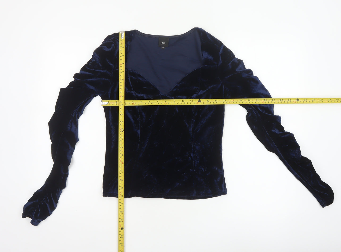 River Island Women Blue Velvet V-Neck Cropped Blouse Size 10