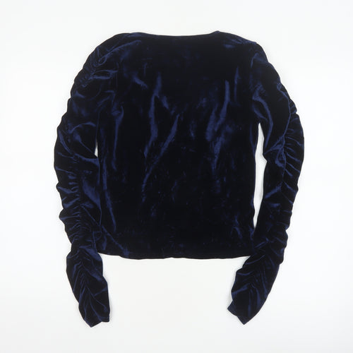 River Island Women Blue Velvet V-Neck Cropped Blouse Size 10
