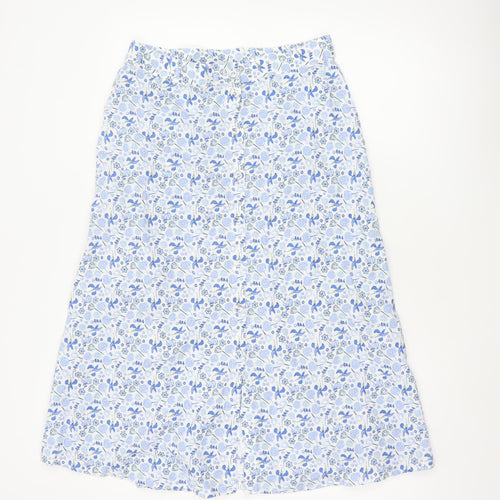 M&S Women Blue Floral Cotton Midi A-Line Button Skirt UK 12