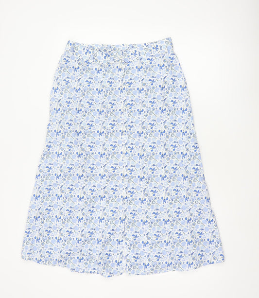 M&S Women Blue Floral Cotton Midi A-Line Button Skirt UK 12