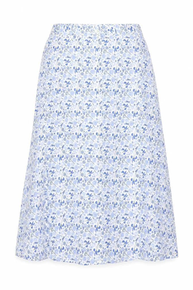 M&S Women Blue Floral Cotton Midi A-Line Button Skirt UK 12