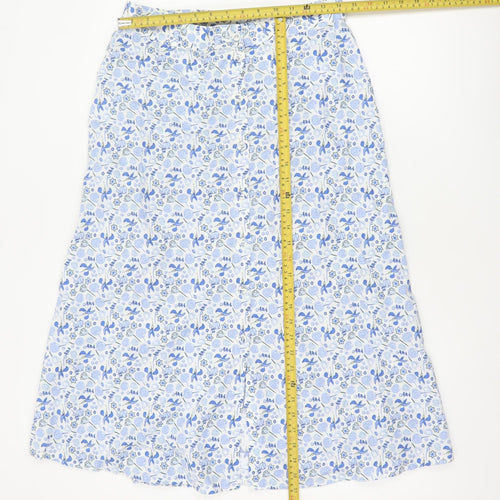 M&S Women Blue Floral Cotton Midi A-Line Button Skirt UK 12