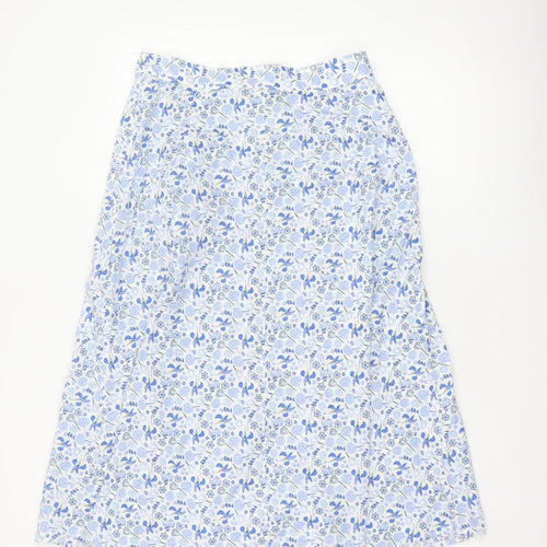 M&S Women Blue Floral Cotton Midi A-Line Button Skirt UK 12