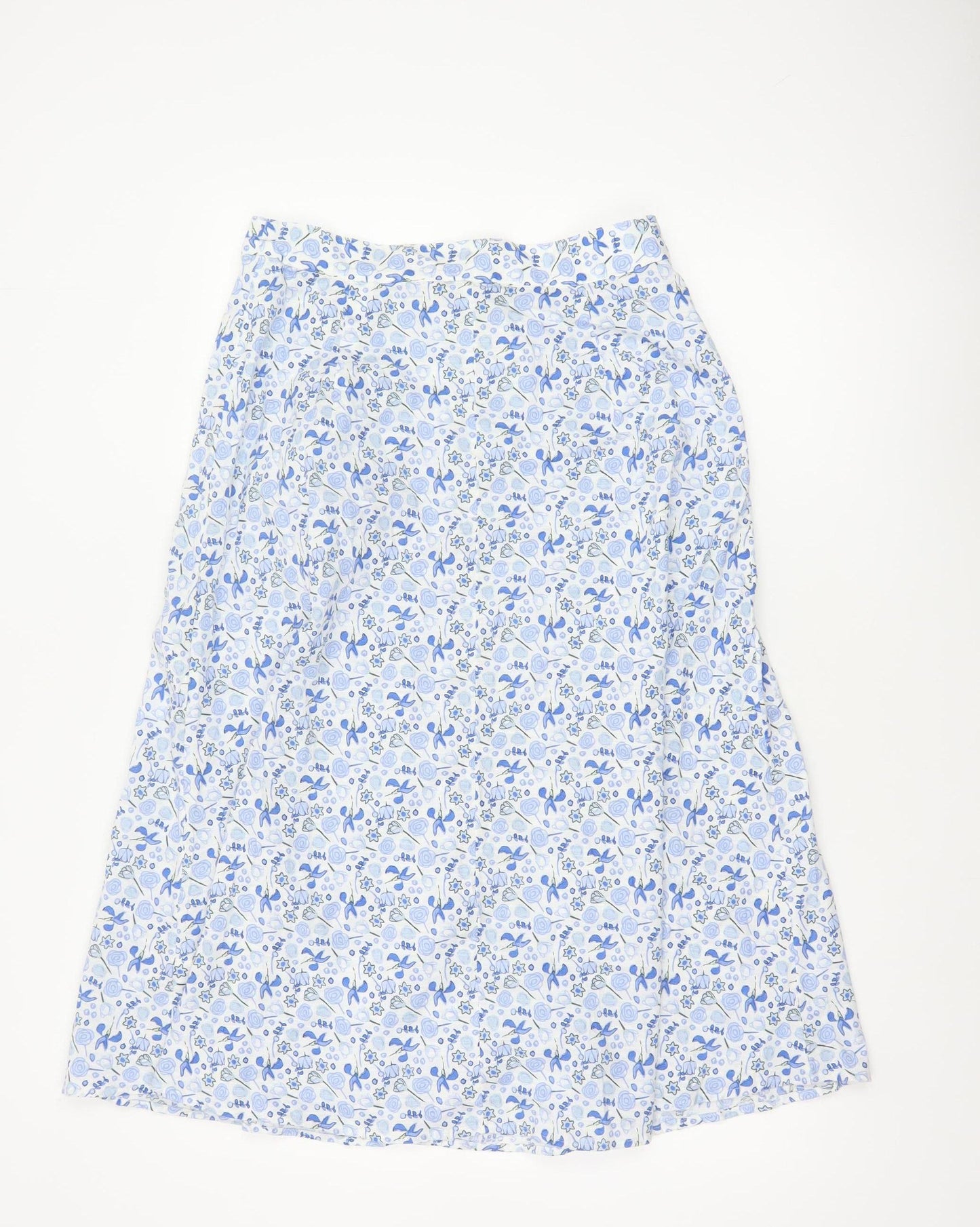 M&S Women Blue Floral Cotton Midi A-Line Button Skirt UK 12