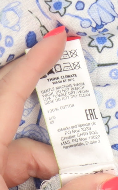 M&S Women Blue Floral Cotton Midi A-Line Button Skirt UK 12