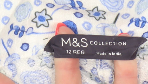 M&S Women Blue Floral Cotton Midi A-Line Button Skirt UK 12