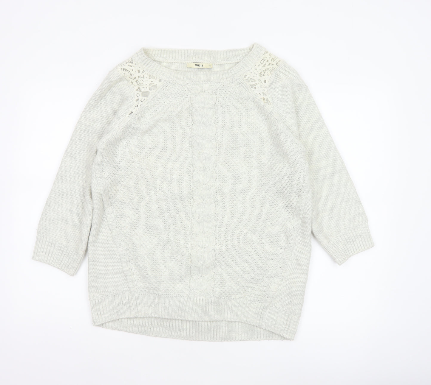 Oasis Women Ivory M Cable Knit Crochet Raglan Crew Neck Jumper