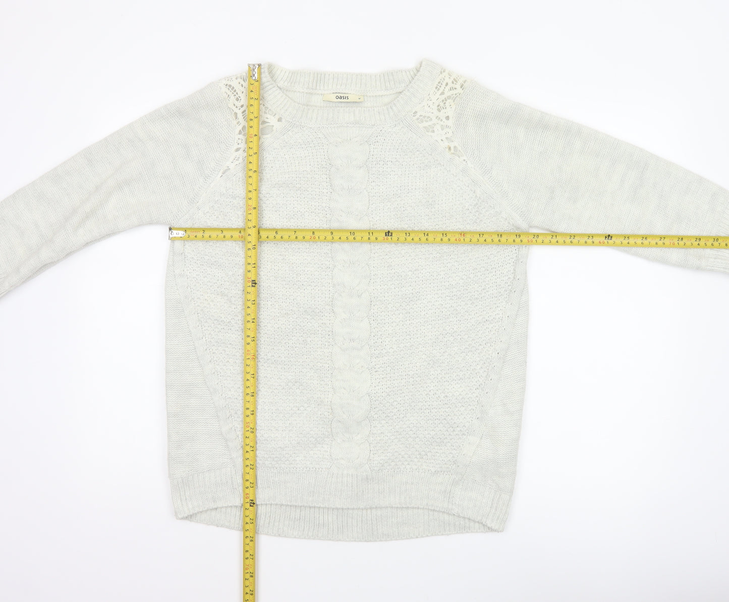 Oasis Women Ivory M Cable Knit Crochet Raglan Crew Neck Jumper