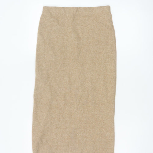 Zara Women Beige S Knit Midi Pencil Skirt Elastic Waist Stretch