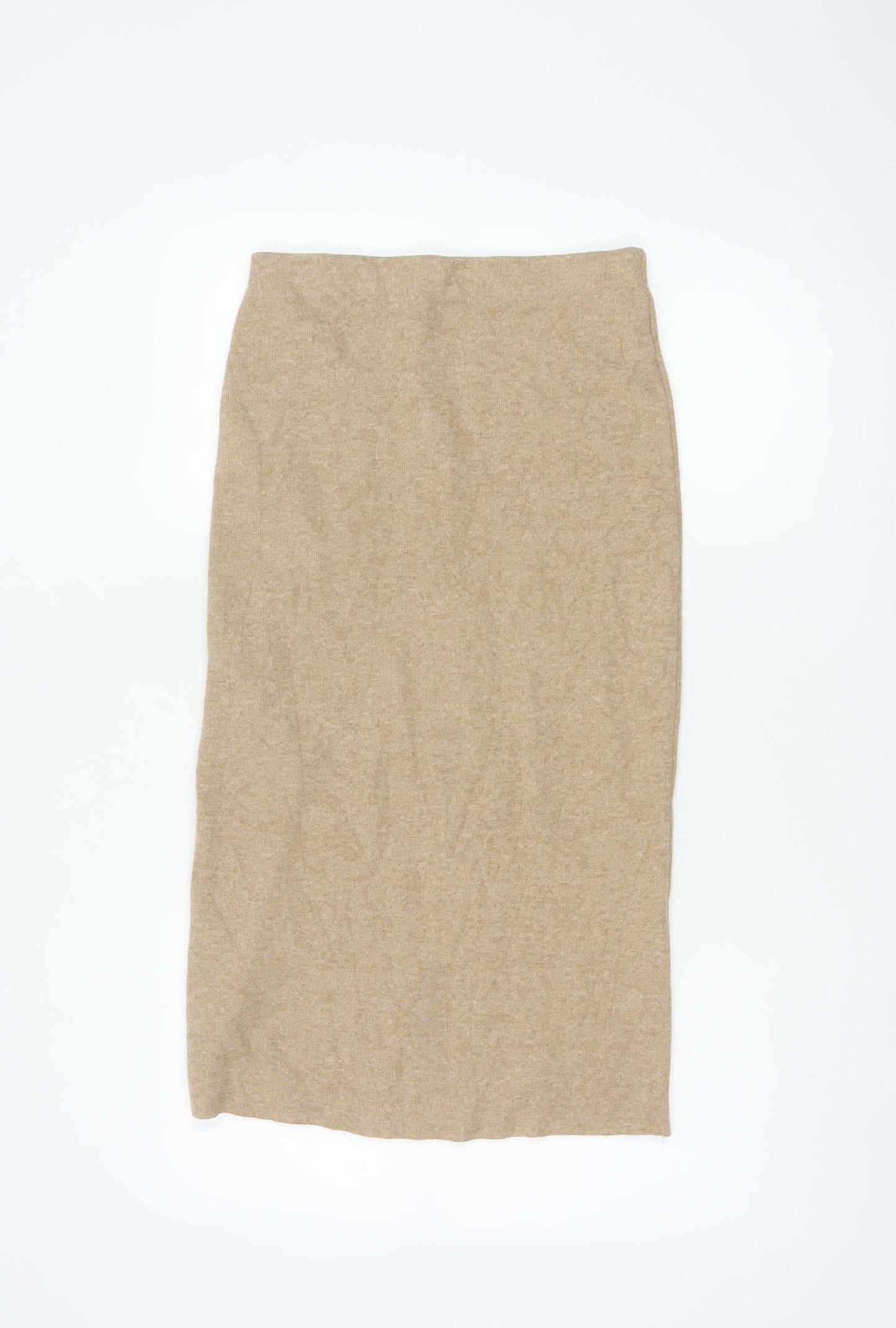 Zara Women Beige S Knit Midi Pencil Skirt Elastic Waist Stretch