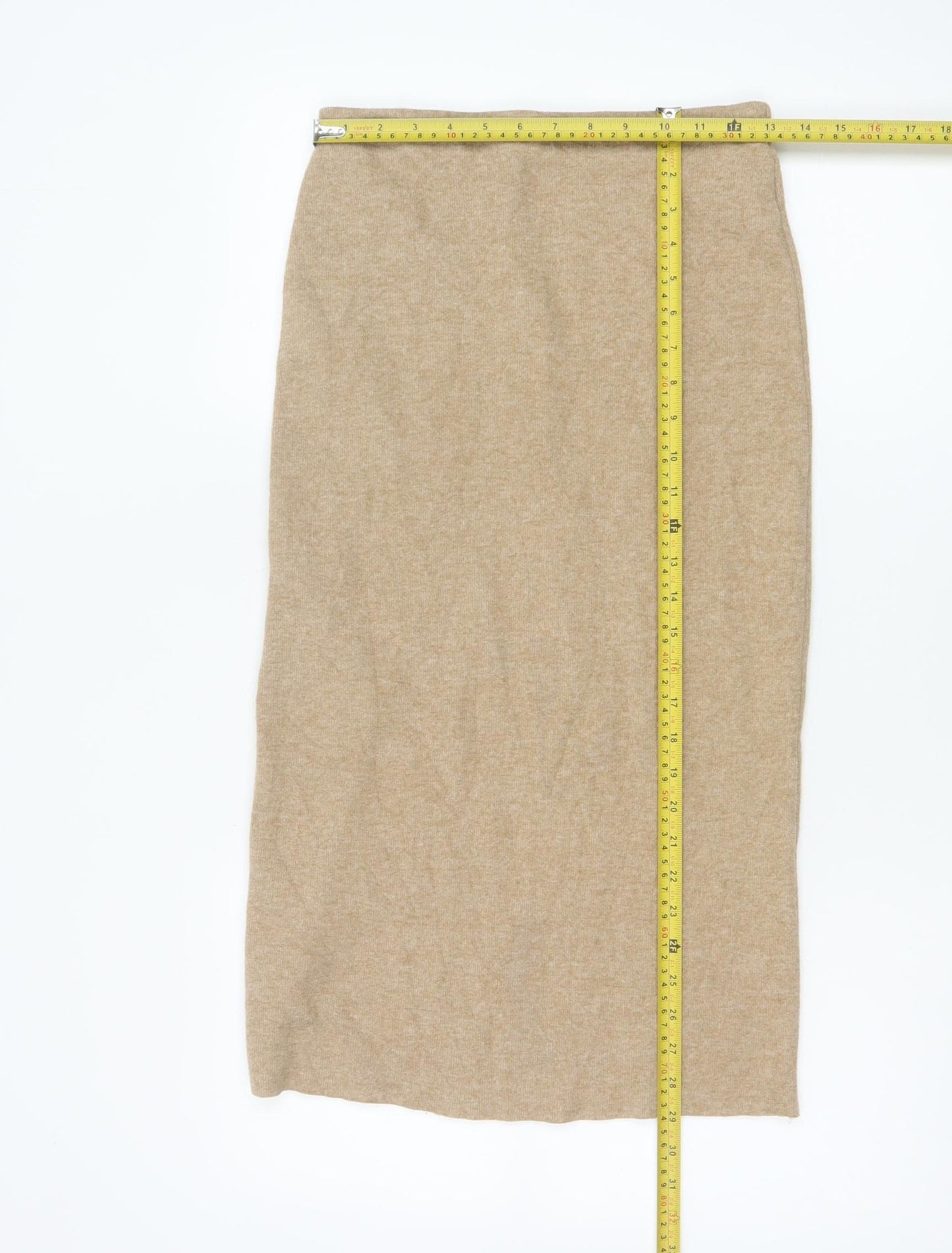 Zara Women Beige S Knit Midi Pencil Skirt Elastic Waist Stretch