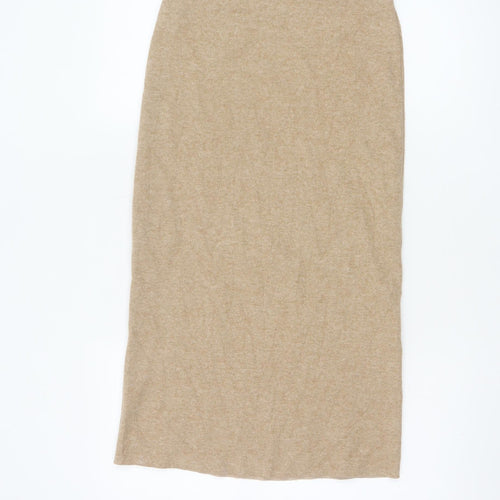 Zara Women Beige S Knit Midi Pencil Skirt Elastic Waist Stretch