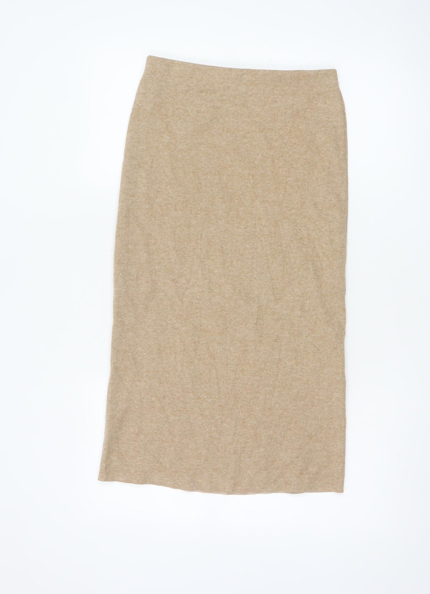 Zara Women Beige S Knit Midi Pencil Skirt Elastic Waist Stretch