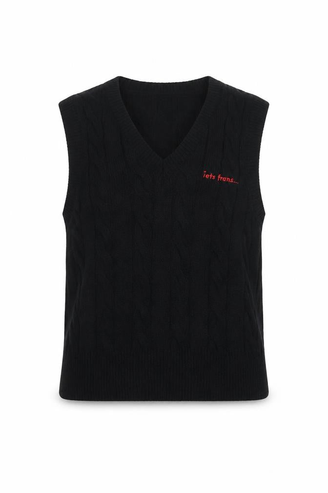 iets frans... Women Black M Cable Knit V-Neck Sleeveless Jumper Vest