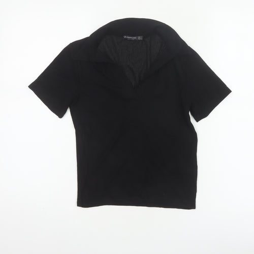 Stradivarius Women Black S Ribbed Collared Short Sleeve Polo Top