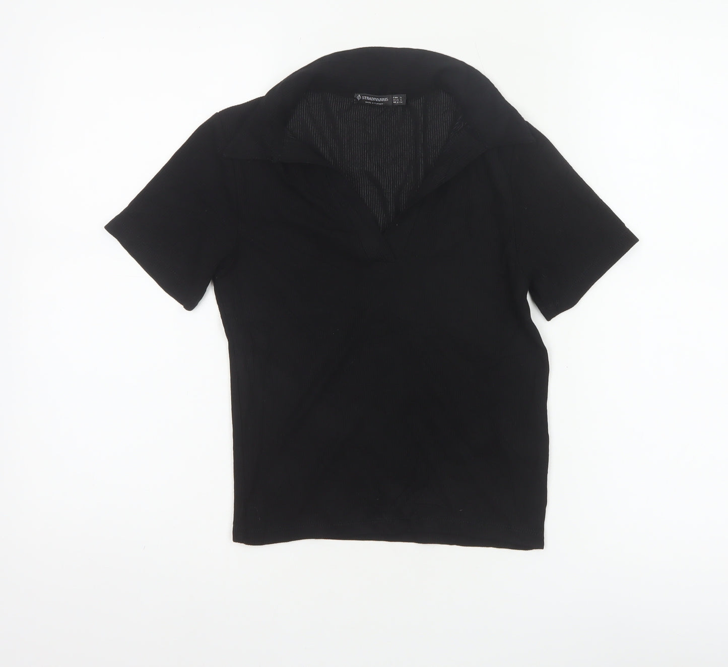 Stradivarius Women Black S Ribbed Collared Short Sleeve Polo Top