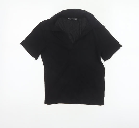 Stradivarius Women Black S Ribbed Collared Short Sleeve Polo Top