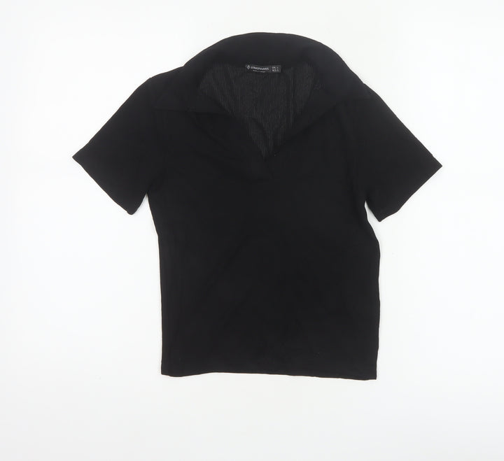 Stradivarius Women Black S Ribbed Collared Short Sleeve Polo Top