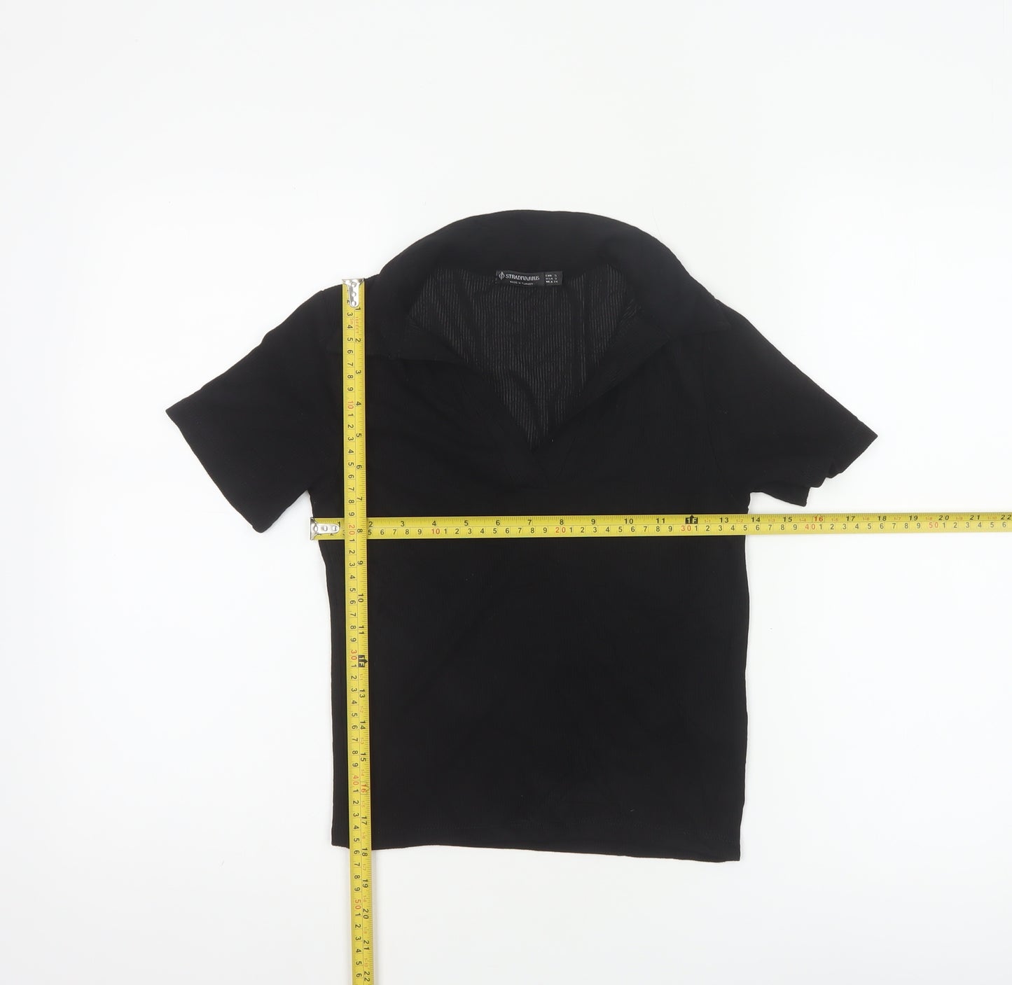 Stradivarius Women Black S Ribbed Collared Short Sleeve Polo Top