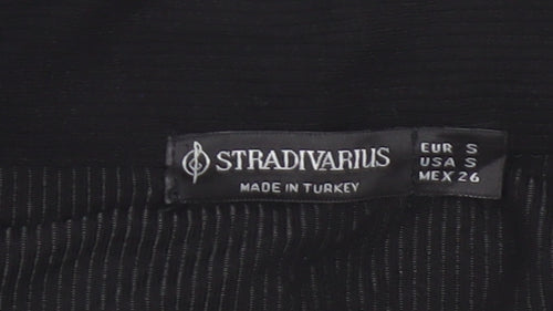 Stradivarius Women Black S Ribbed Collared Short Sleeve Polo Top