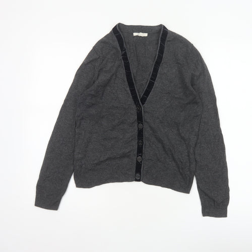 White Stuff Women's Grey UK 12 Merino Cotton V-Neck Velvet Trim Cardigan