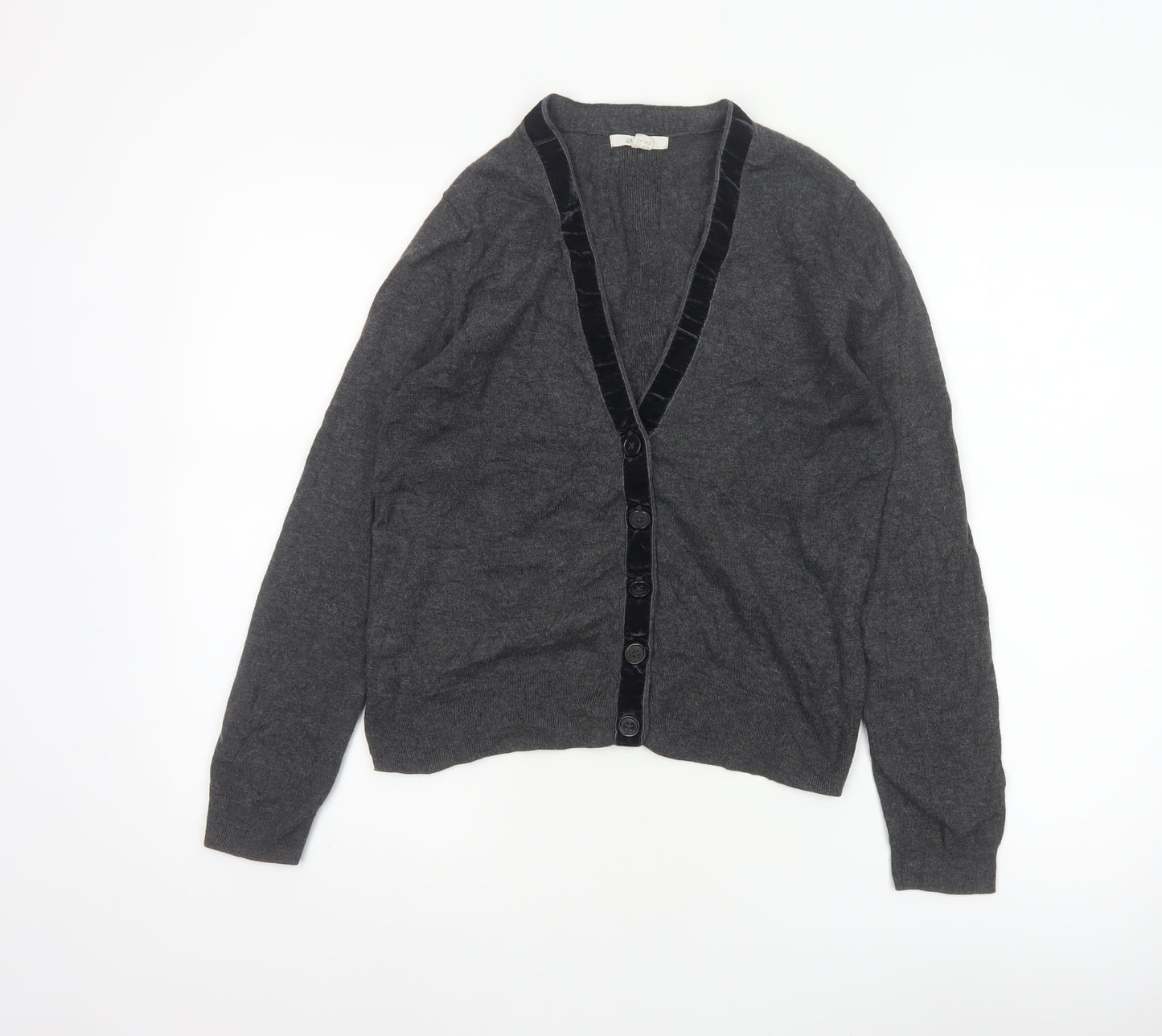 White Stuff Women's Grey UK 12 Merino Cotton V-Neck Velvet Trim Cardigan