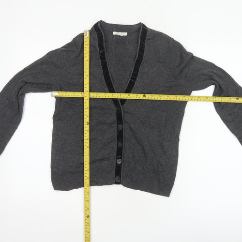White Stuff Women's Grey UK 12 Merino Cotton V-Neck Velvet Trim Cardigan