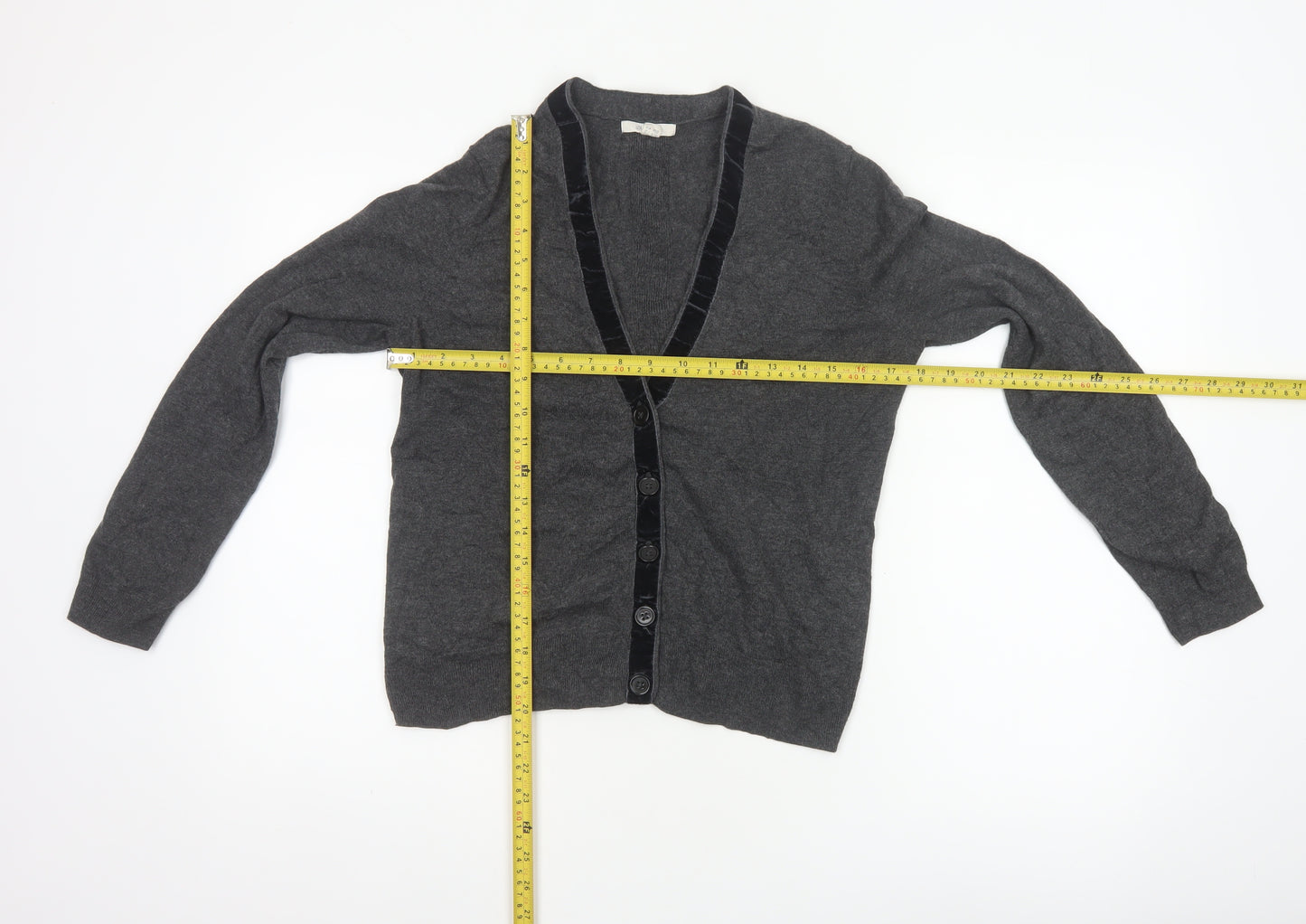 White Stuff Women's Grey UK 12 Merino Cotton V-Neck Velvet Trim Cardigan
