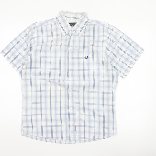 Fred Perry Men’s White Blue Check Cotton S Button-Down Short Sleeve Shirt