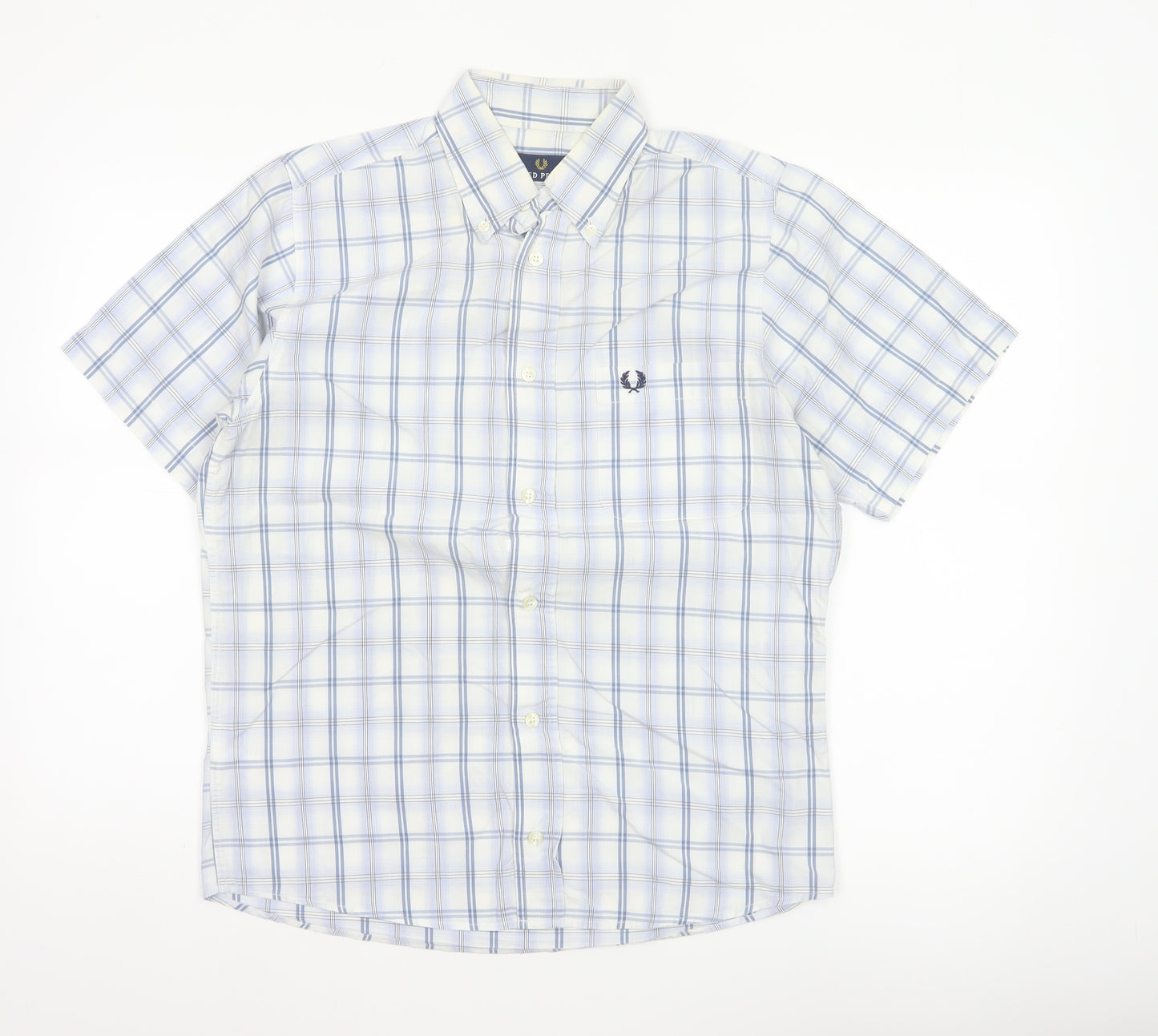 Fred Perry Men’s White Blue Check Cotton S Button-Down Short Sleeve Shirt