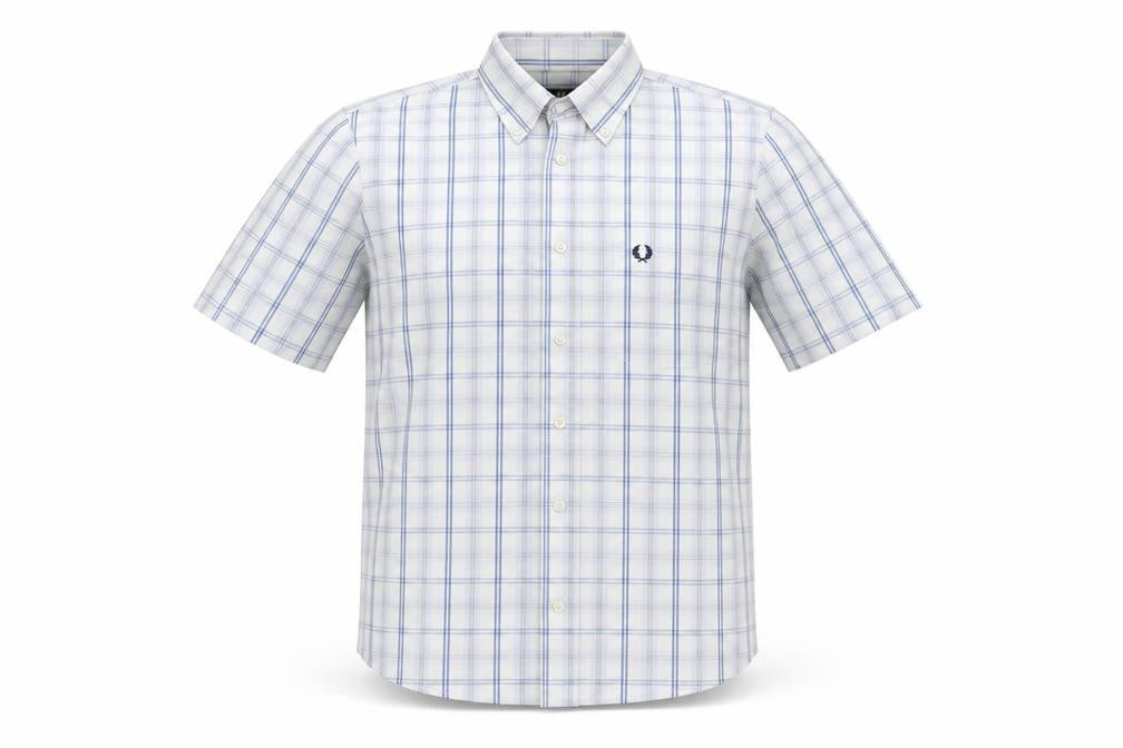 Front view of Fred Perry Men’s White Blue Check Cotton S Button-Down Short Sleeve Shirt