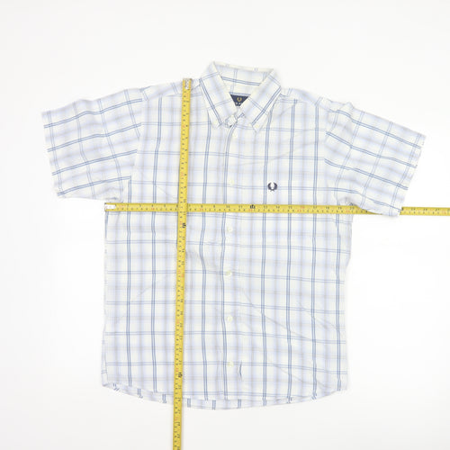 Fred Perry Men’s White Blue Check Cotton S Button-Down Short Sleeve Shirt
