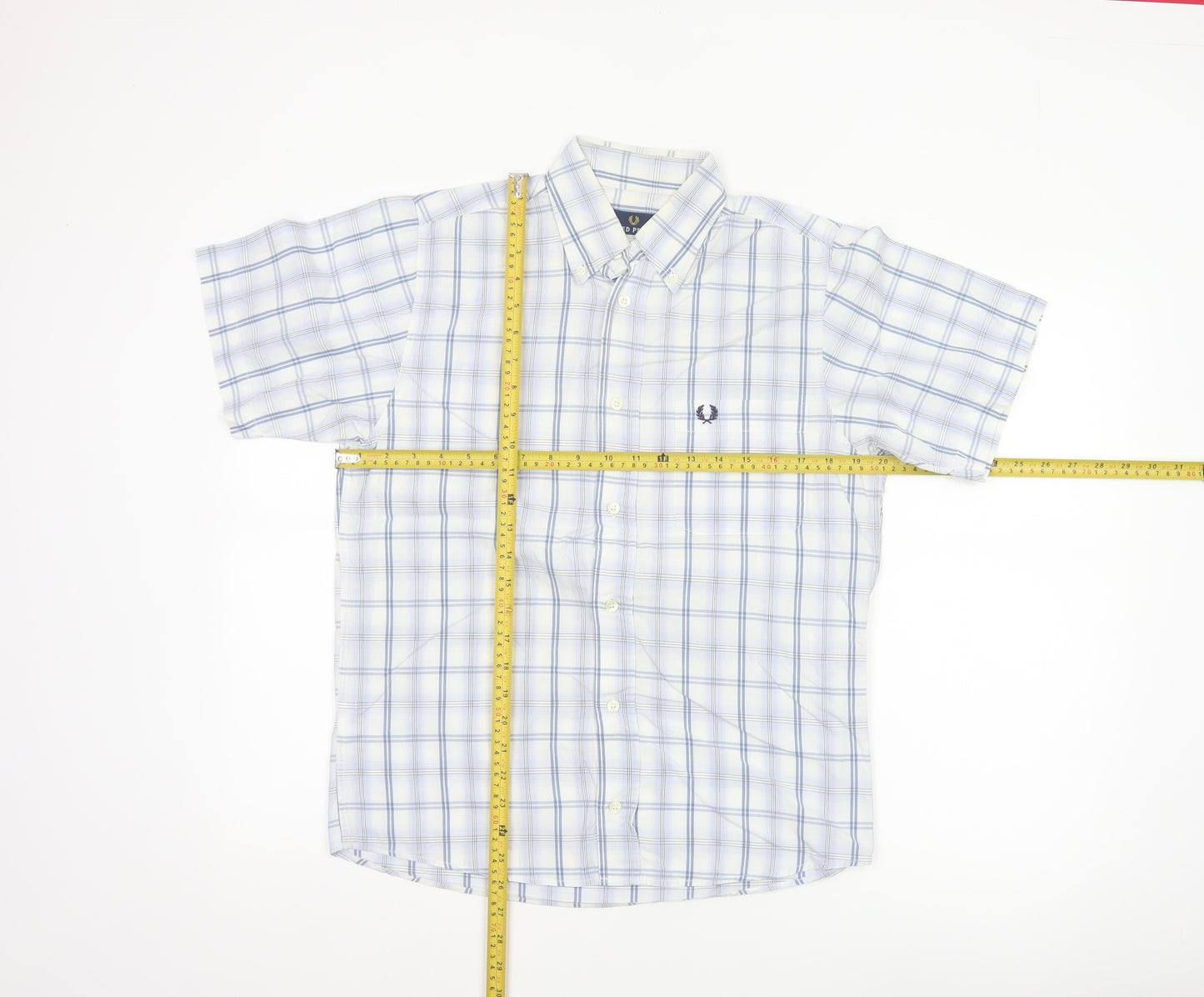Fred Perry Men’s White Blue Check Cotton S Button-Down Short Sleeve Shirt
