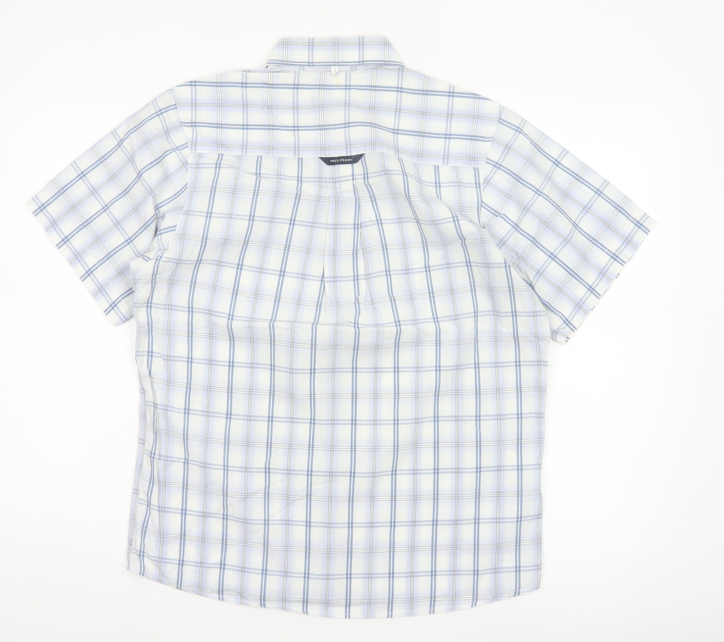Fred Perry Men’s White Blue Check Cotton S Button-Down Short Sleeve Shirt