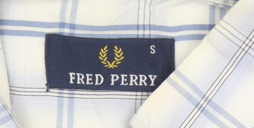 Fred Perry Men’s White Blue Check Cotton S Button-Down Short Sleeve Shirt