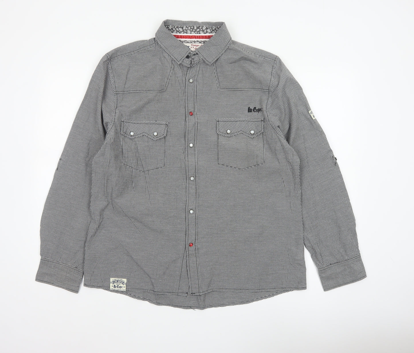 Lee Cooper Men's Grey Check Snap Western Shirt Size L Long Sleeve