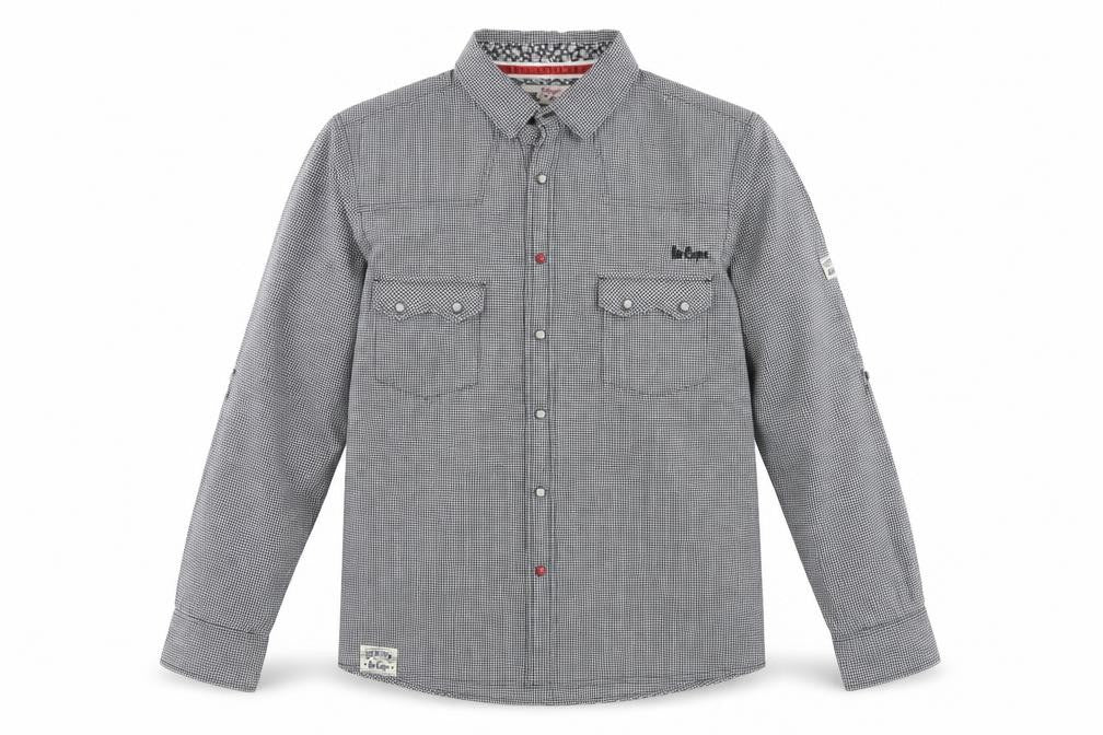 Front view of Lee Cooper Men's Grey Check Snap Western Shirt, size L, Long Sleeve