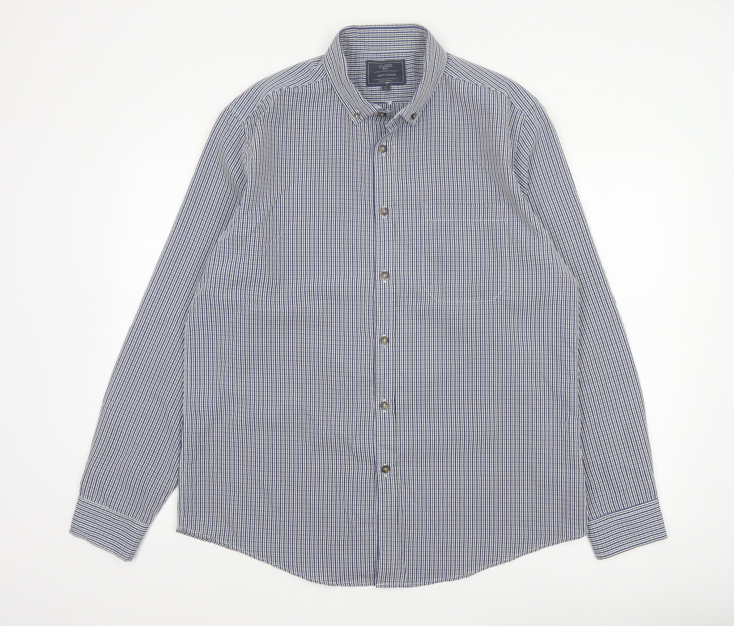 Atlantic Bay Men's Blue Check Button Down Shirt L Long Sleeve Polyester