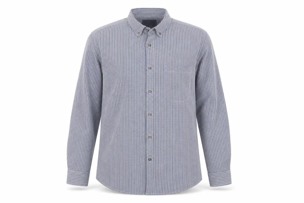Front view of Atlantic Bay Men's Blue Check Button Down Shirt L Long Sleeve Polyester