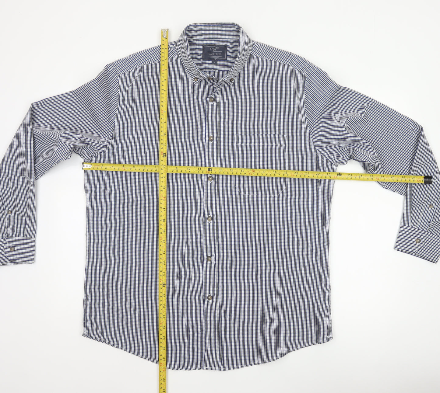 Atlantic Bay Men's Blue Check Button Down Shirt L Long Sleeve Polyester