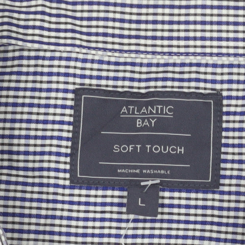 Atlantic Bay Men's Blue Check Button Down Shirt L Long Sleeve Polyester