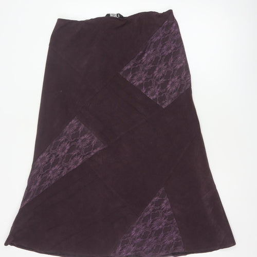 BM Women’s Purple Size 14 Midi A-Line Floral Lace Panel Skirt